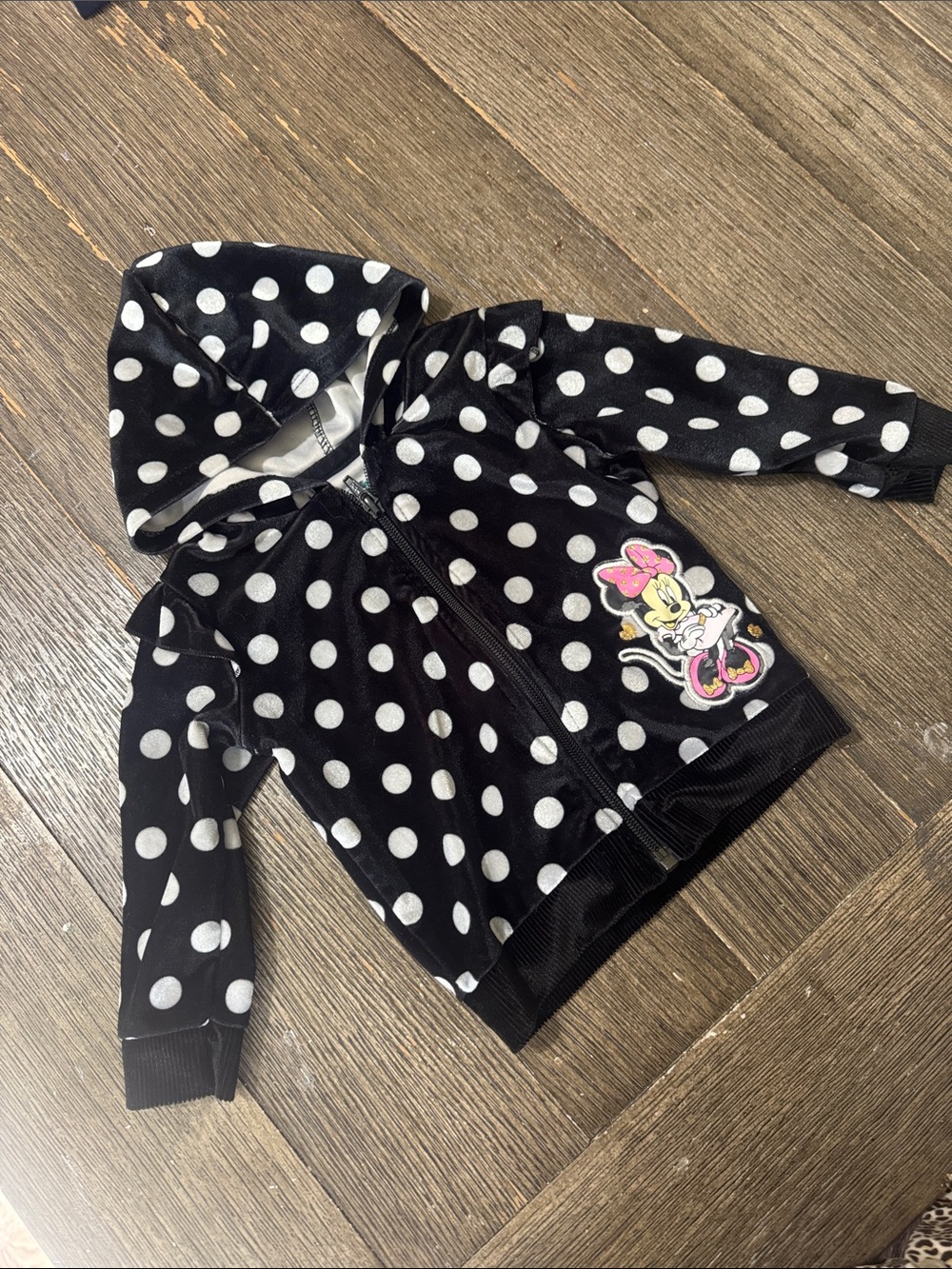 Disney Baby Minnie Mouse Velour Zip Hoodie 6–9M | Black Polka Dot Hooded Jacket